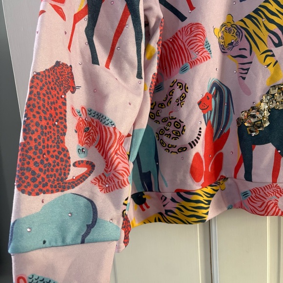 QUEEN OF SPARKLES Multicolor Animal Jungle Print Sweatshirt Gemstones Sparkly L - Picture 4 of 15